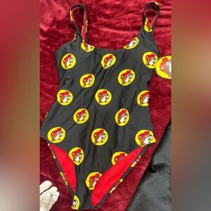 Buc-ees Women's SMALL Black Logo Print One Piece Swimsuit Bathing Suit NWT
